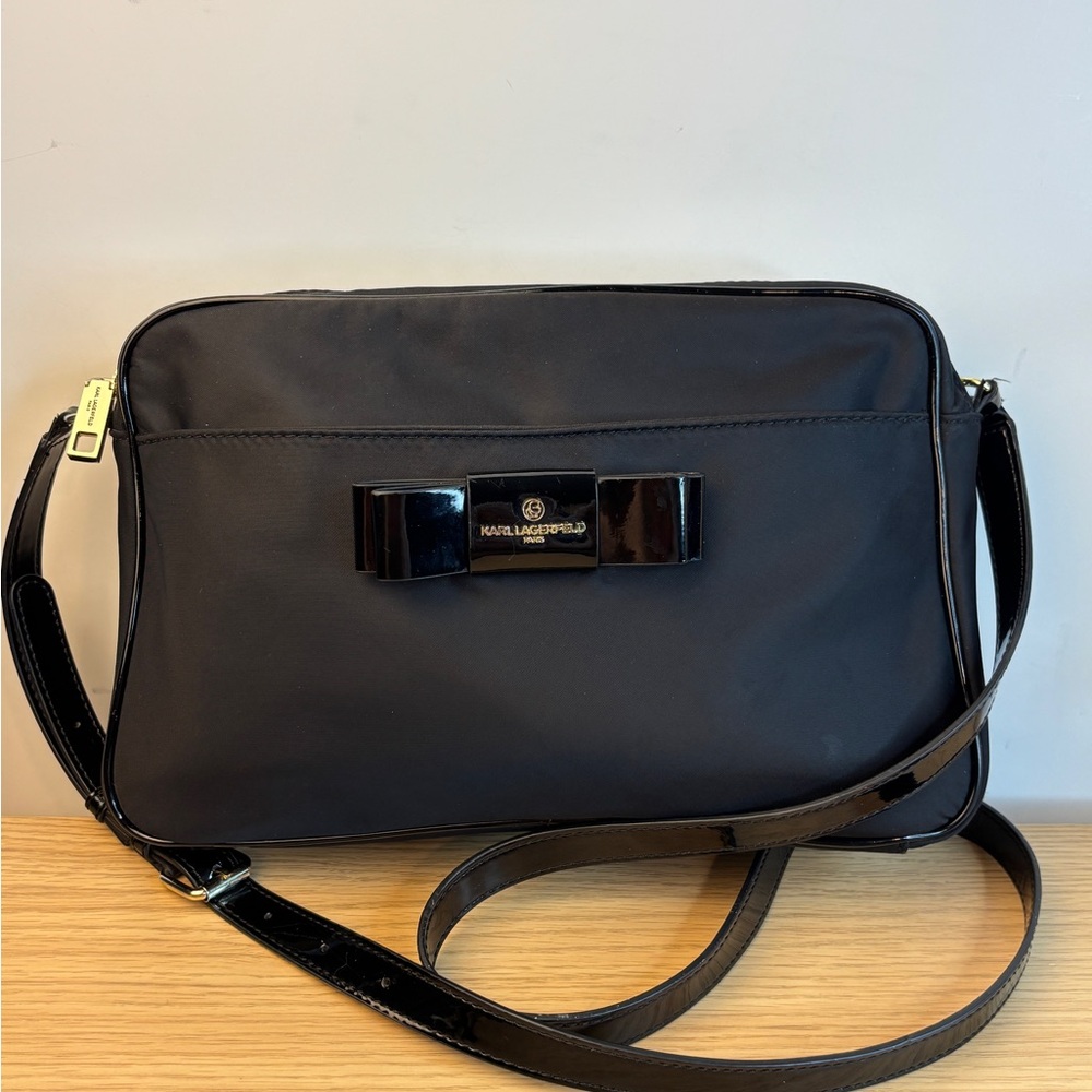 Karl Lagerfeld Paris Black‎ "PENNY" Nylon Medium Messenger Bag W/Bow